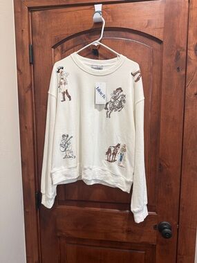 Blue B.  Cream Crewneck Sweater with Western Embroidered Motifs